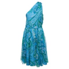 Vintage Christian Dior Blue Paisley Printed One Shoulder Mini Dress 