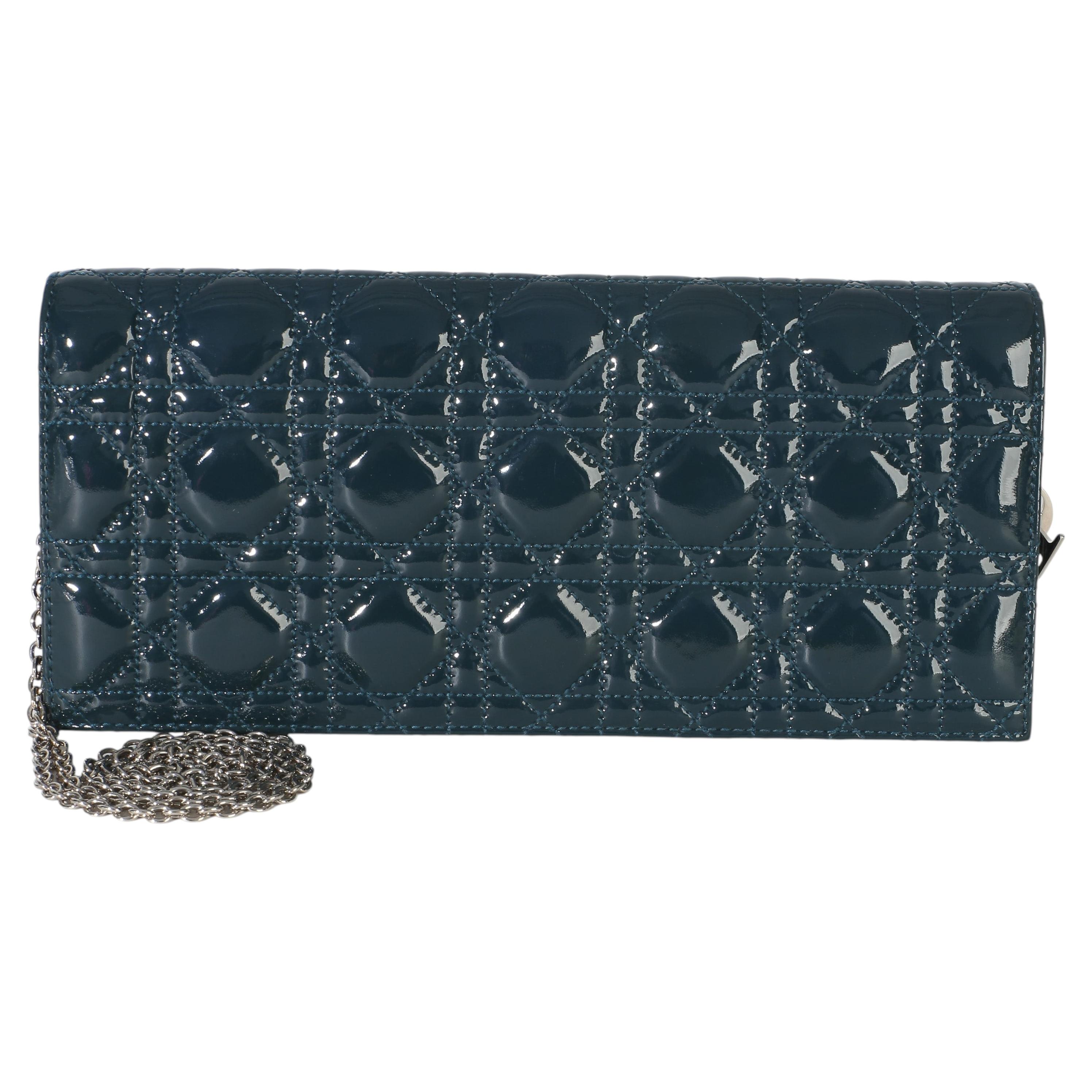 Christian Dior Blue Patent Cannage Lady Dior Clutch With Chain
