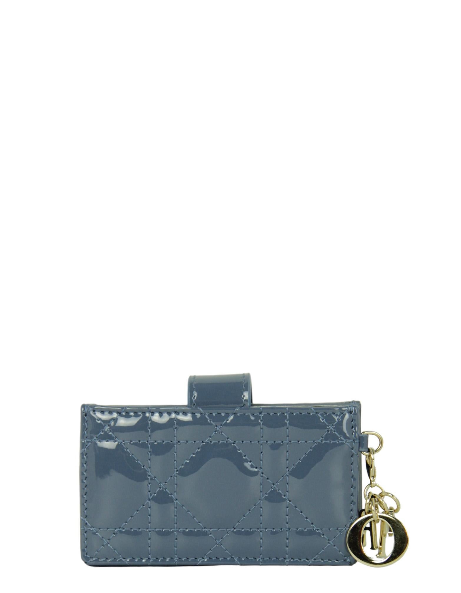Gray Christian Dior Blue Patent Lady Dior Jasmine Card Holder Wallet