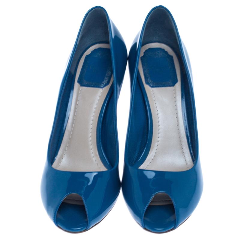 Christian Dior Blue Patent Leather Peep Toe Wedge Pumps Size 38 In Good Condition In Dubai, Al Qouz 2