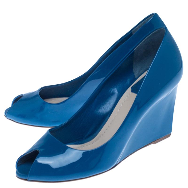 Women's Christian Dior Blue Patent Leather Peep Toe Wedge Pumps Size 38