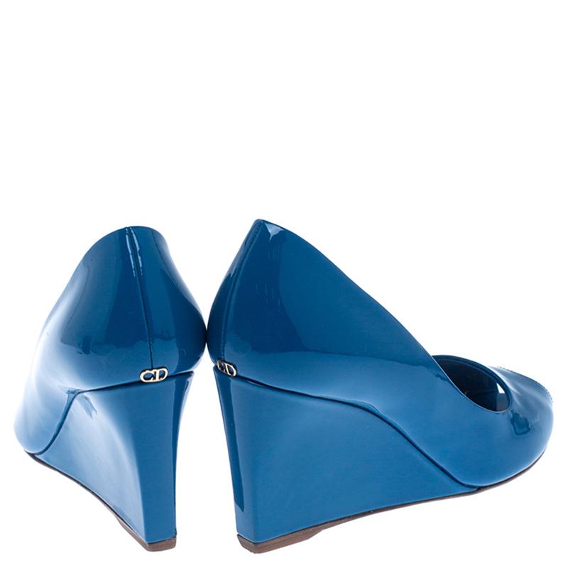 Christian Dior Blue Patent Leather Peep Toe Wedge Pumps Size 38 1