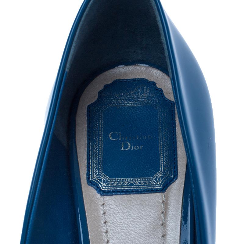 Christian Dior Blue Patent Leather Peep Toe Wedge Pumps Size 38 3