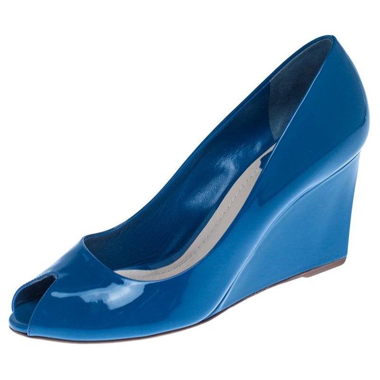 Christian Dior Blue Patent Leather Peep Toe Wedge Pumps Size 38 at 1stDibs