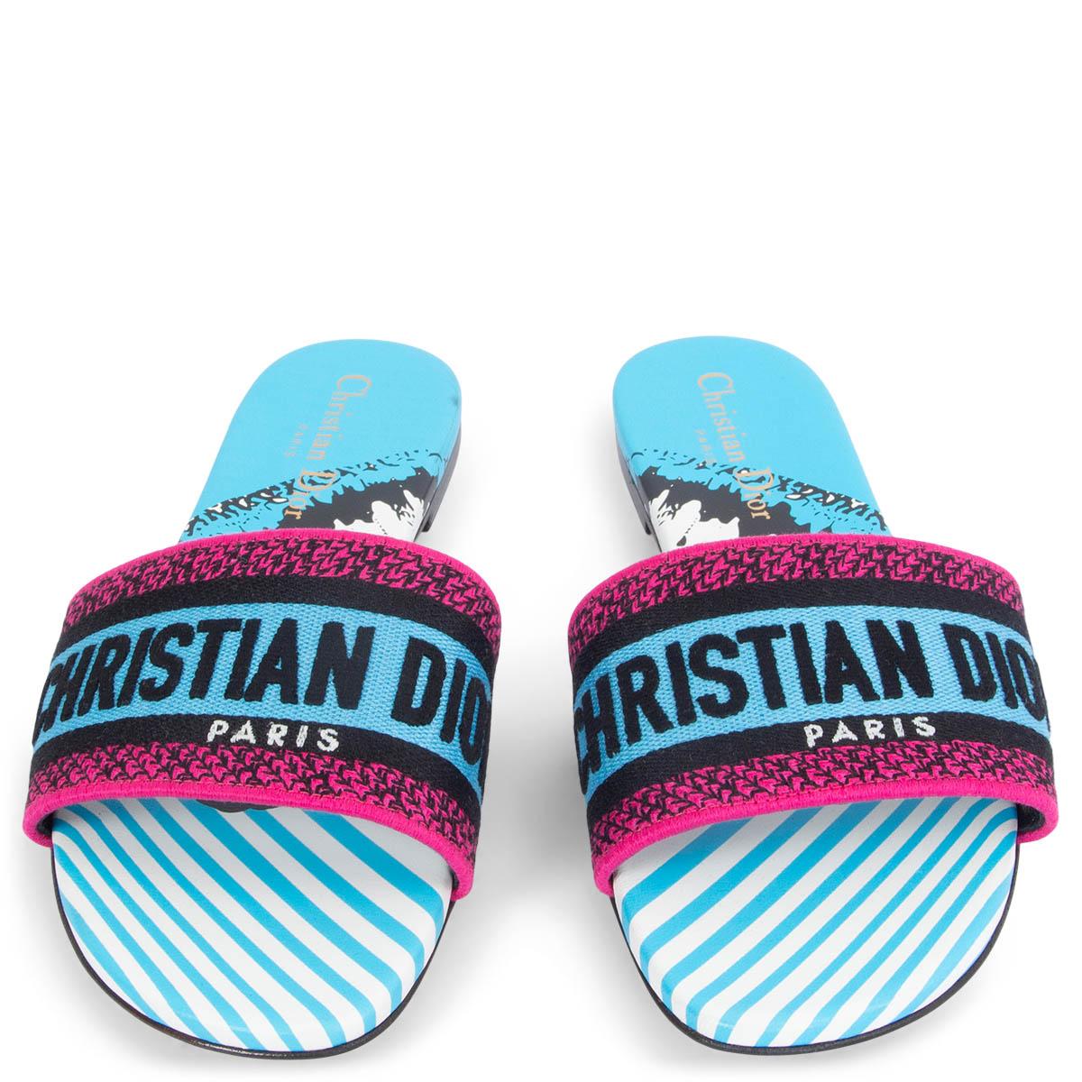 100% authentic Christian Dior 2022 D-Way slide sandals D-Jungle Pop in hot pink, blue, black and white. Brand new. Come with dust bag. 

Measurements
Imprinted Size	38
Shoe Size	38
Inside Sole	25cm (9.8in)
Width	8cm (3.1in)
Heel	1cm (0.4in)

All our