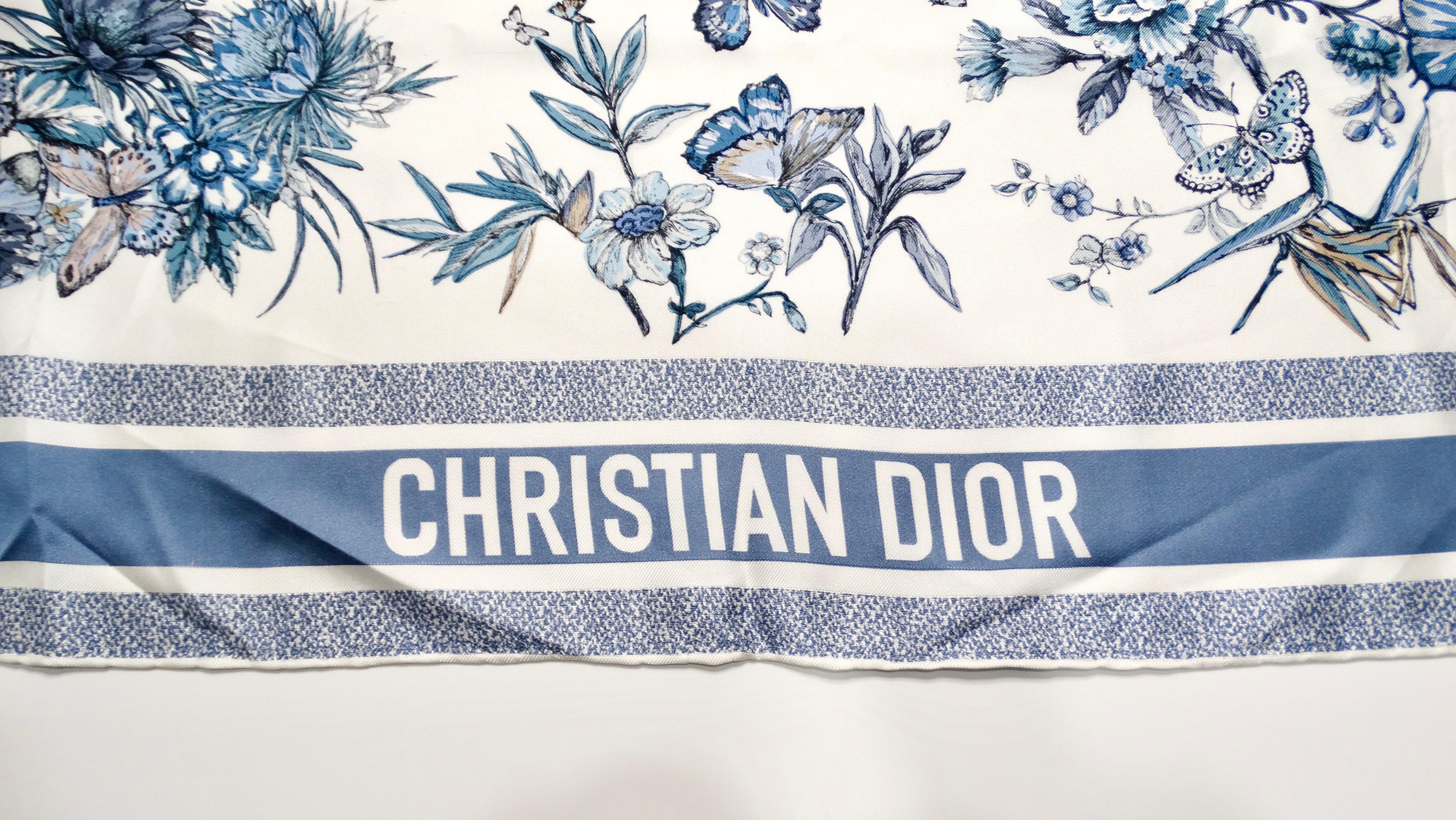 Gray Christian Dior Blue & White Butterfly Garden Print Silk Scarf For Sale