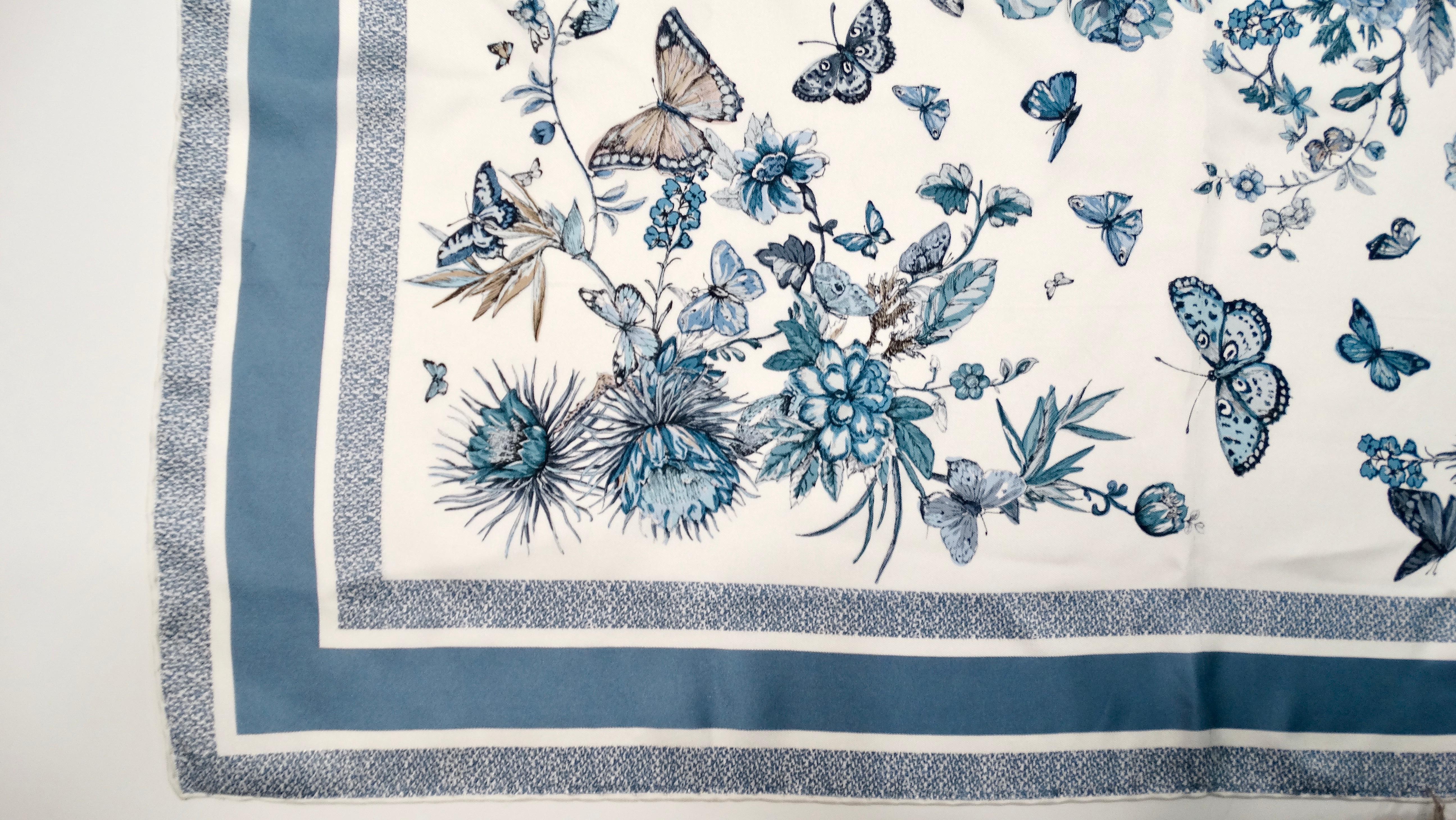 Christian Dior Blue & White Butterfly Garden Print Silk Scarf In Good Condition For Sale In Scottsdale, AZ