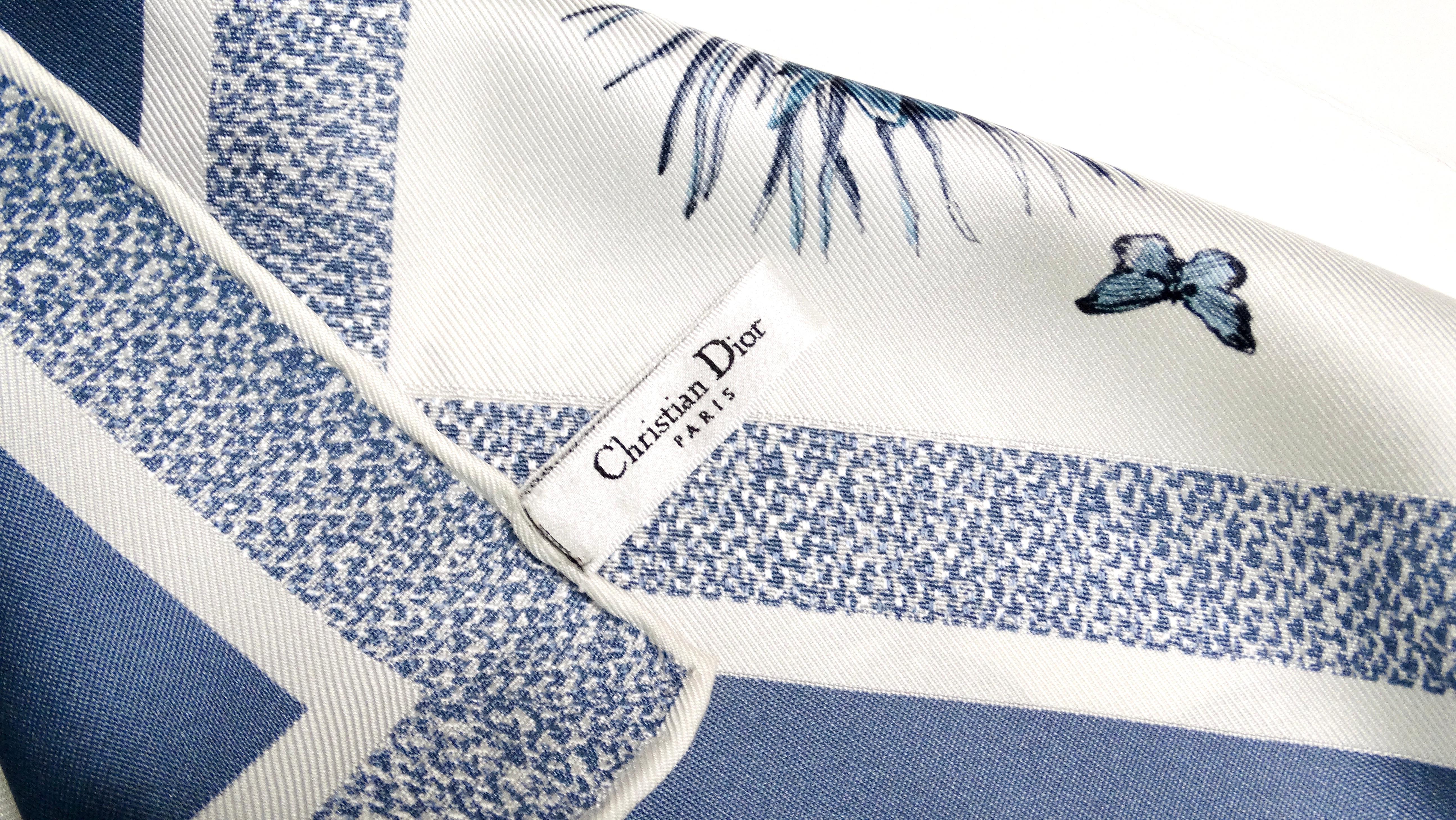 Women's Christian Dior Blue & White Butterfly Garden Print Silk Scarf For Sale