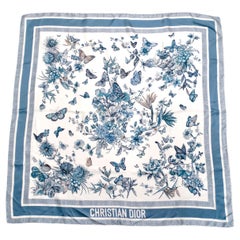 Christian Dior Blue & White Butterfly Garden Print Silk Scarf