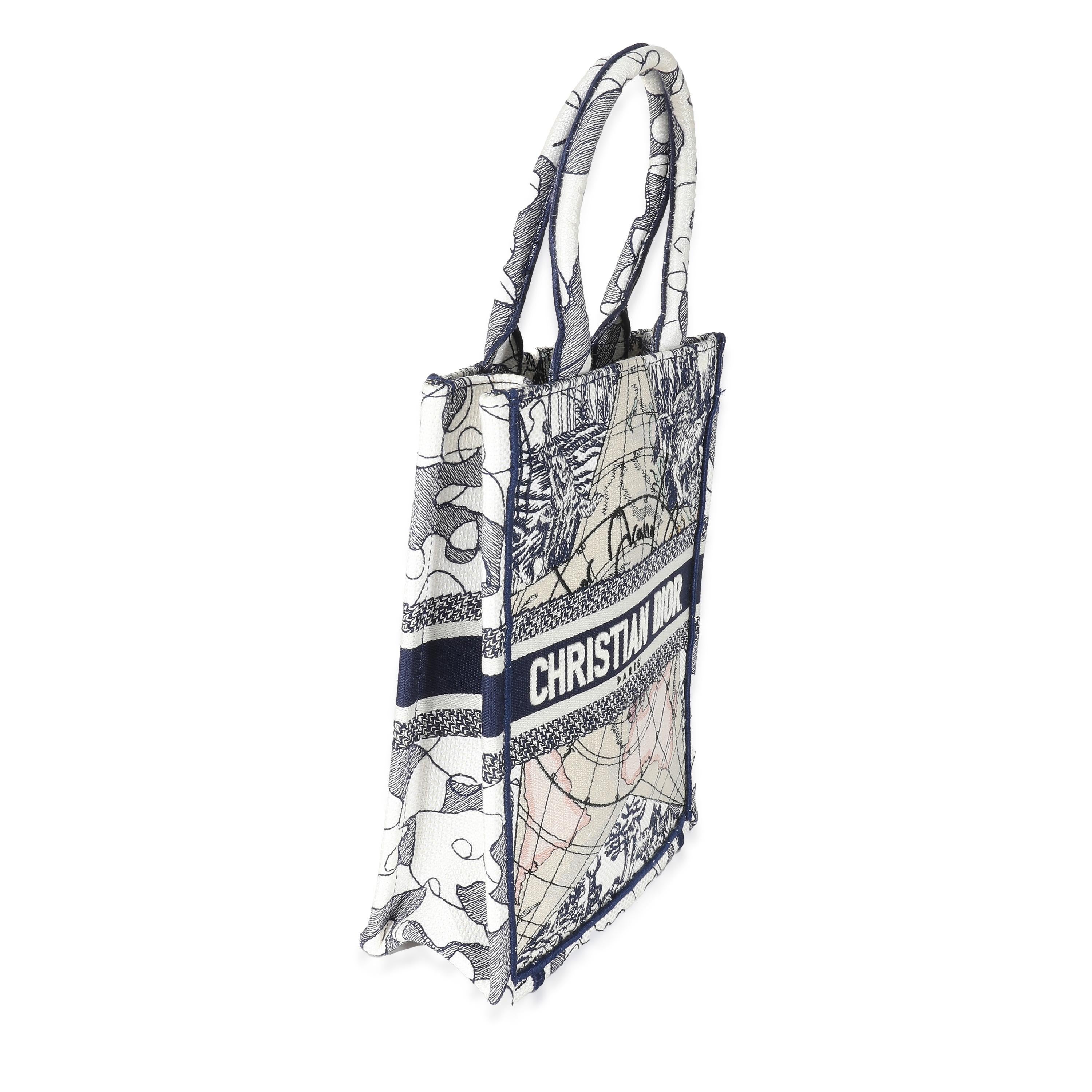 Gray Christian Dior Blue White Embroidered Canvas Vertical Book Tote For Sale