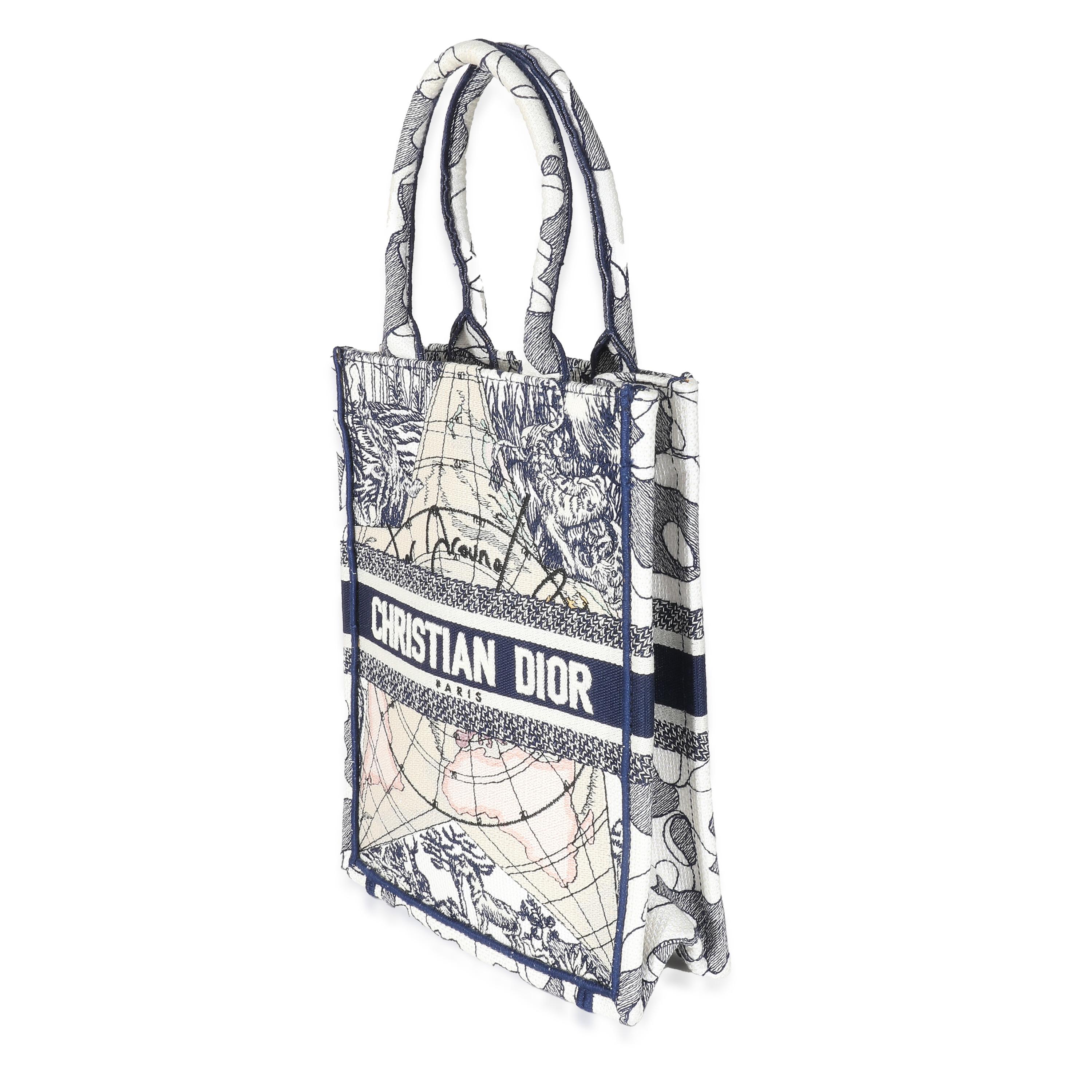 Christian Dior Blue White Embroidered Canvas Vertical Book Tote In Excellent Condition For Sale In New York, NY