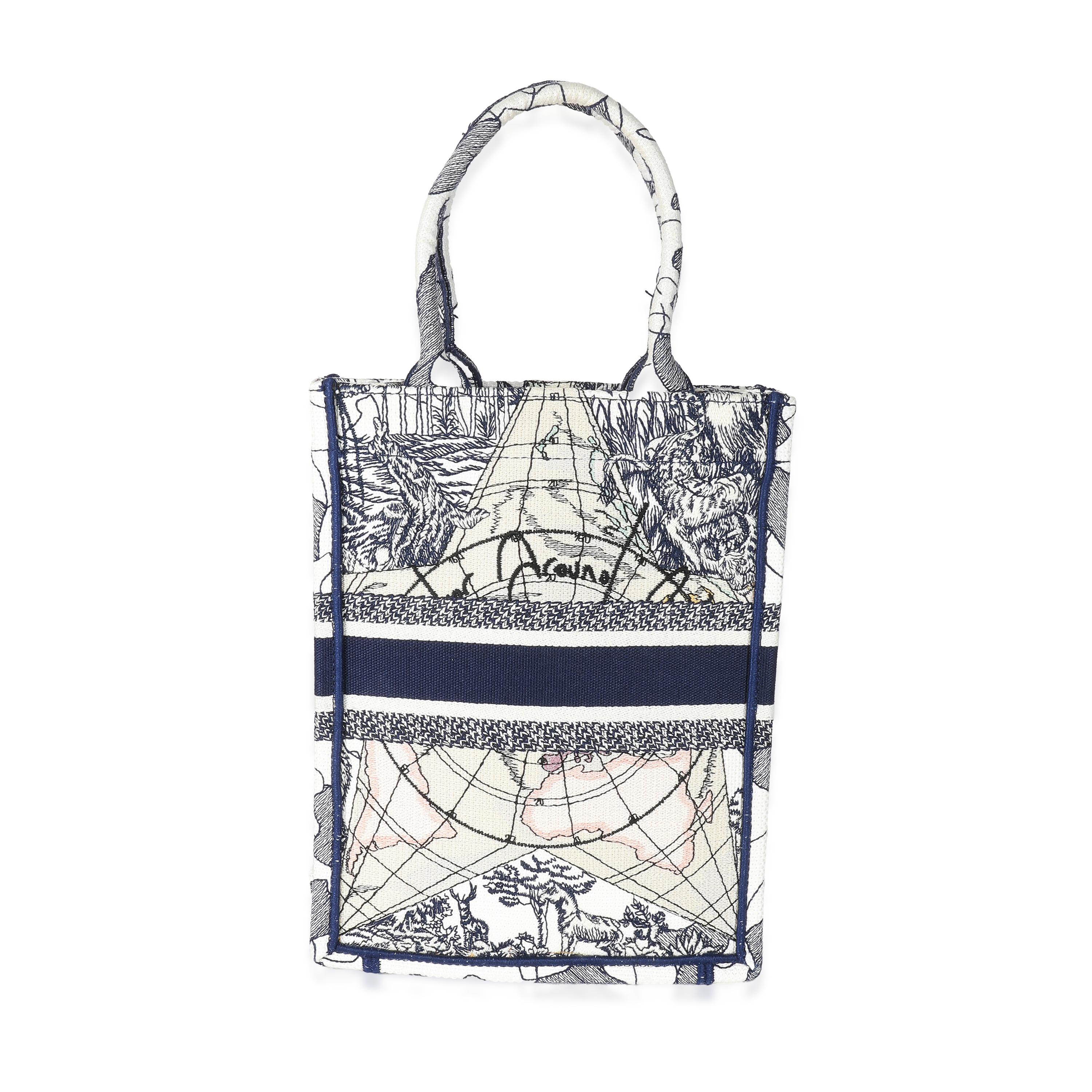 Christian Dior Blue White Embroidered Canvas Vertical Book Tote For Sale 2
