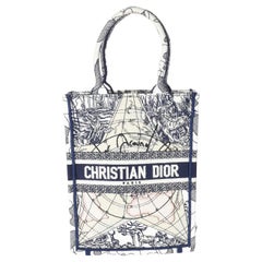 Christian Dior Blue White Embroidered Canvas Vertical Book Tote