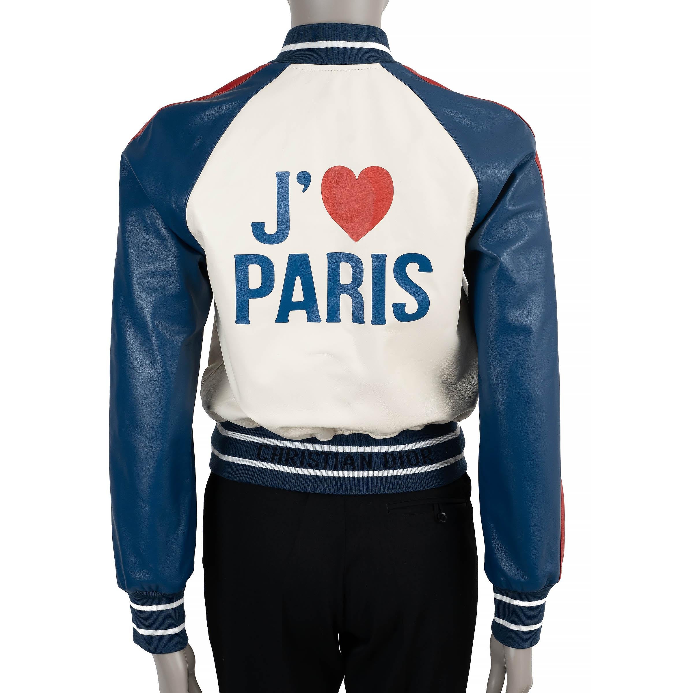 Black CHRISTIAN DIOR blue white red leather 2021 I LOVE PARIS BOMBER Jacket 36 XS For Sale
