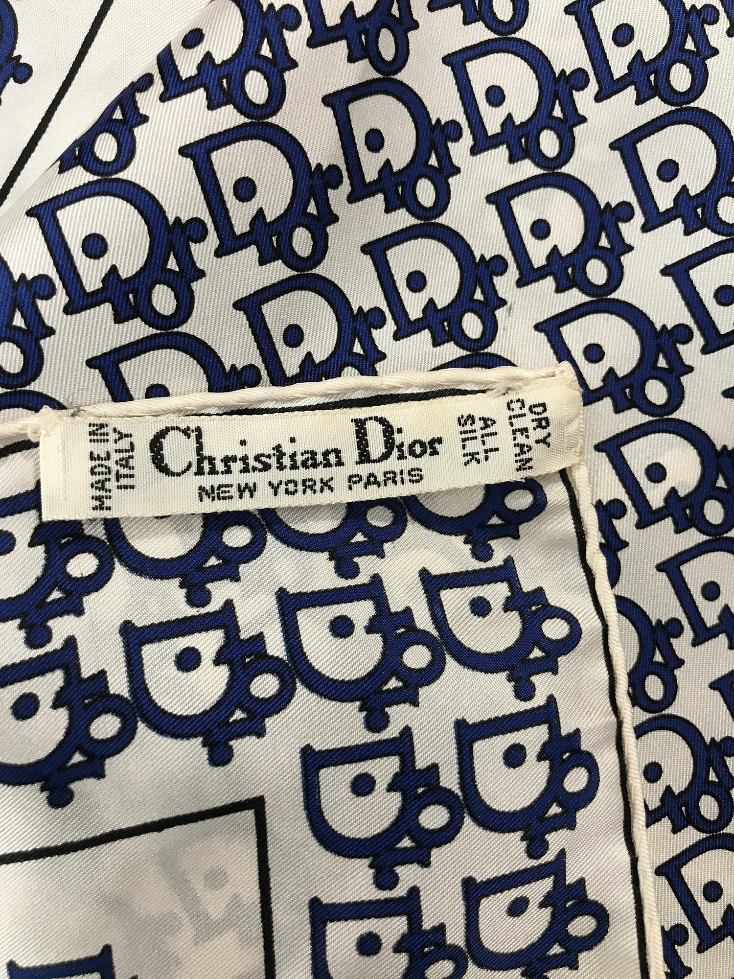 Christian Dior Blue & White Silk Logo Scarf 18 1/8