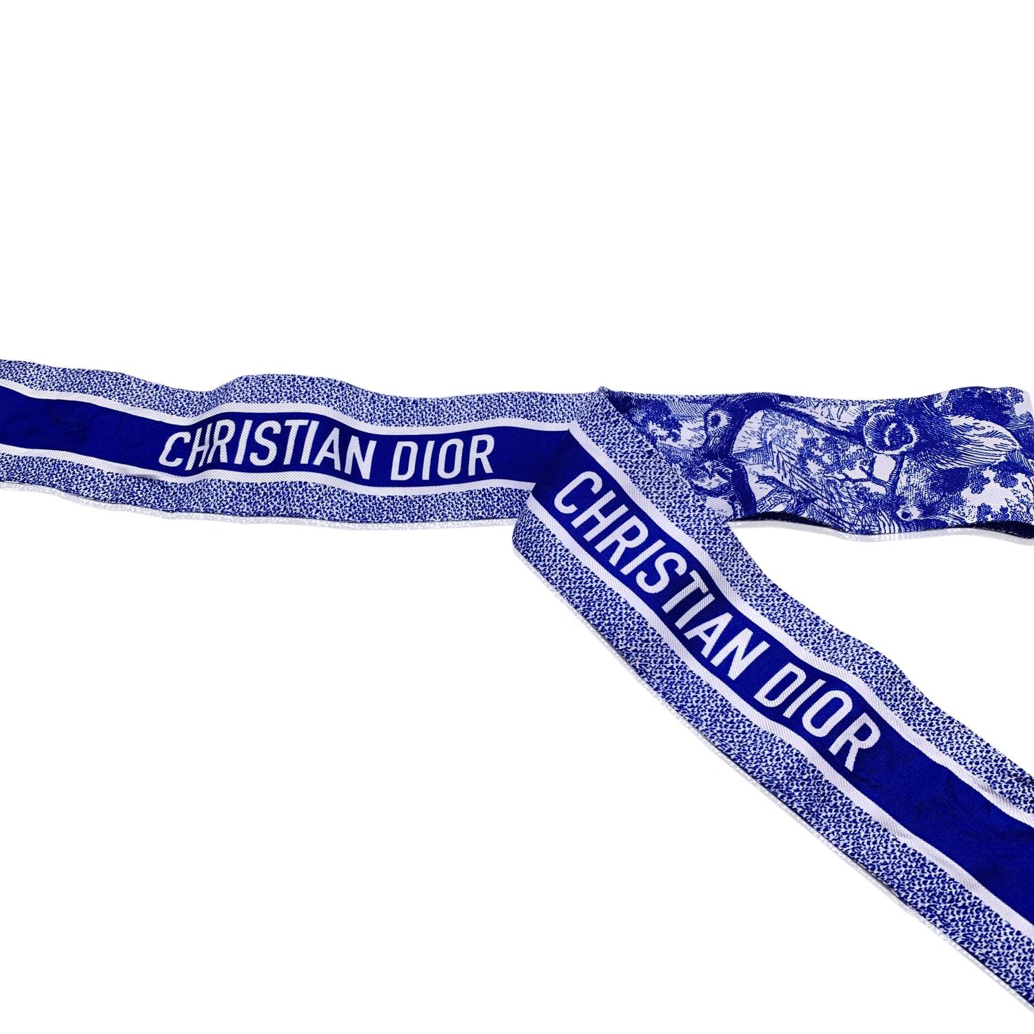 Christian Dior Blue White Silk Toile De Jouy Sauvage Twilly Scarf In Excellent Condition In Rome, Rome