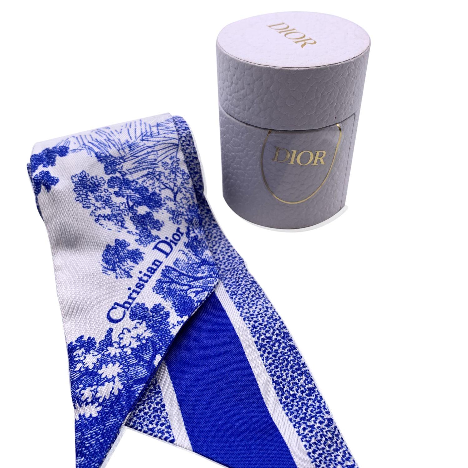 Women's Christian Dior Blue White Silk Toile De Jouy Sauvage Twilly Scarf