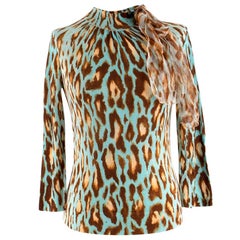 Christian Dior Blue Wool Blend Cheetah Print Ruffle Detail Top - Size US4