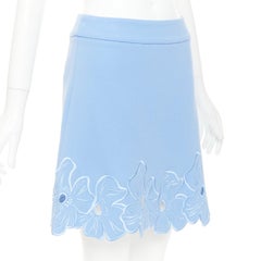 CHRISTIAN DIOR blue wool crepe floral cutout embroidered hem mini skirt FR38 M