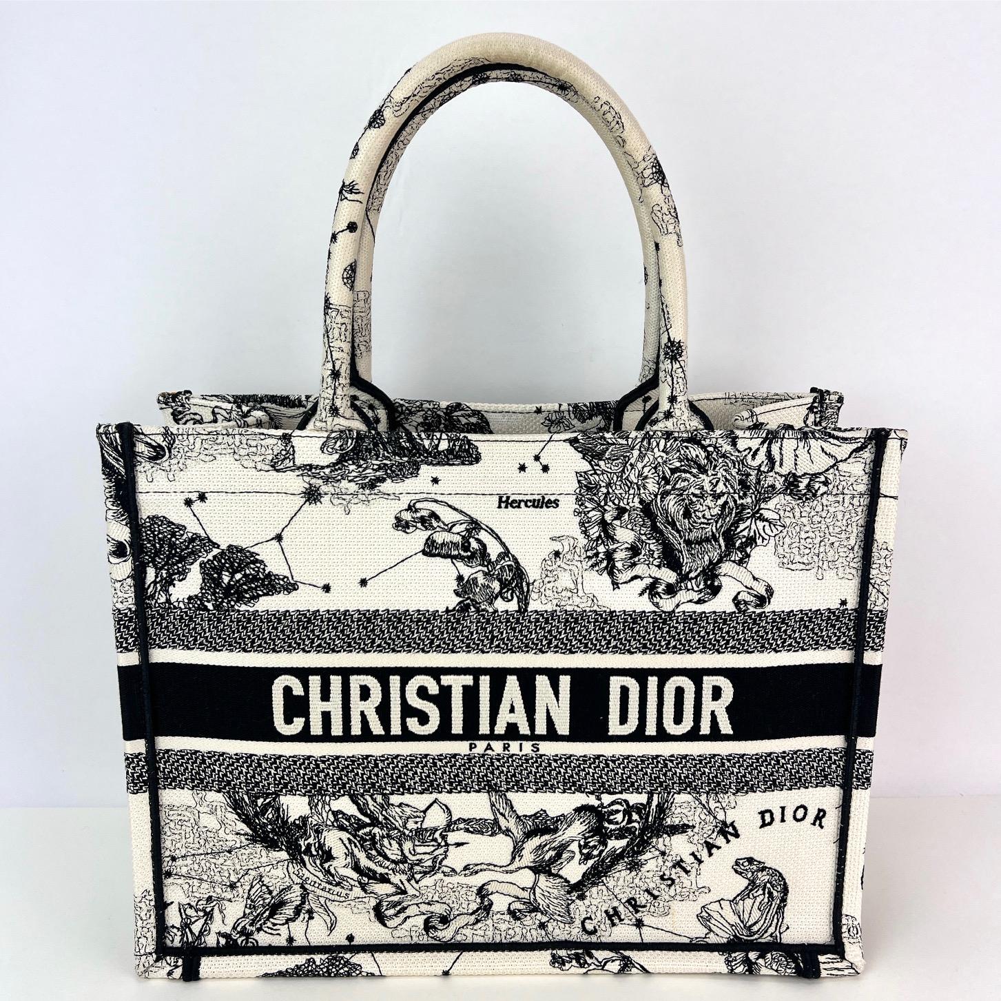 Women's Christian Dior Book Embroidered Canvas Medium Stars and Signs Black Tote For Sale