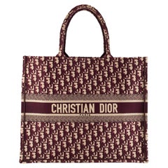 Christian Dior Book Medium Oblique Embroidery Burgundy Canvas Tote Bag