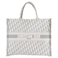 Christian Dior Book Medium Oblique Embroidery Gray Canvas Tote Bag