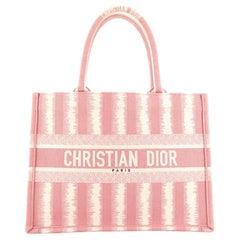 Used Christian Dior Book Tote Bayadere Stripe Embroidered Canvas Small