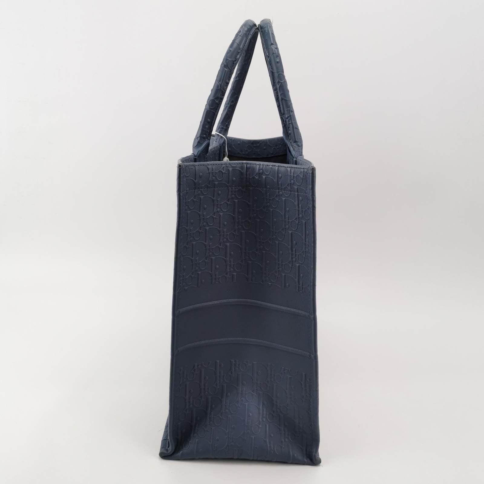 Gray Christian Dior Book Tote Large Blue Calfskin Leather Oblique Embossed Handbag For Sale