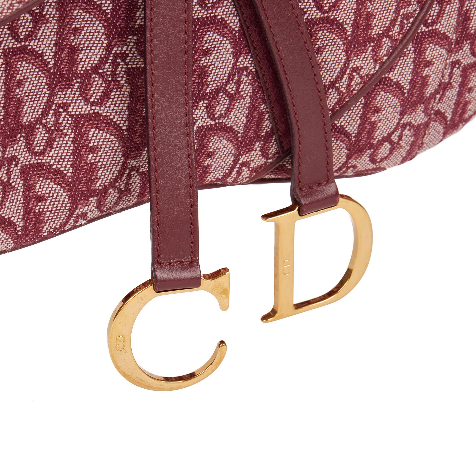 Christian Dior Bordeaux Monogram Canvas & Calfskin Leather Vintage Double Saddle In Excellent Condition In Bishop's Stortford, Hertfordshire