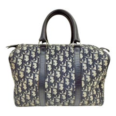 Christian  Dior Boston Bag Navy Blue Canvas Bag With Logo,  Medium