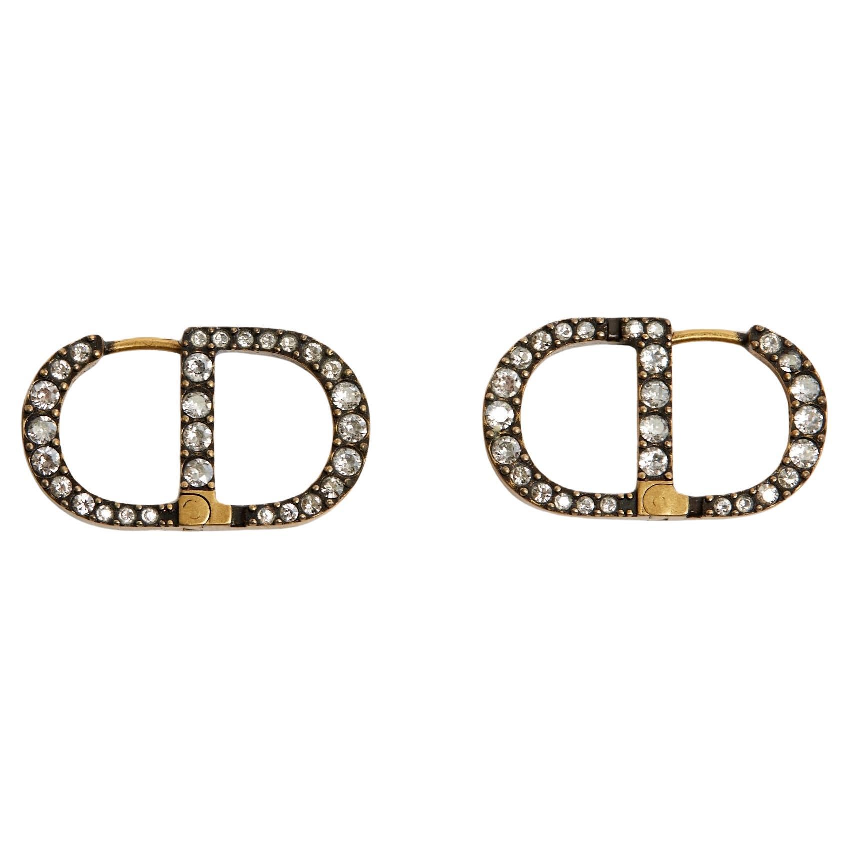 Christian Dior Boucles clou 30 Montaigne Golden Metal Strass Stud Earrings Hoops For Sale