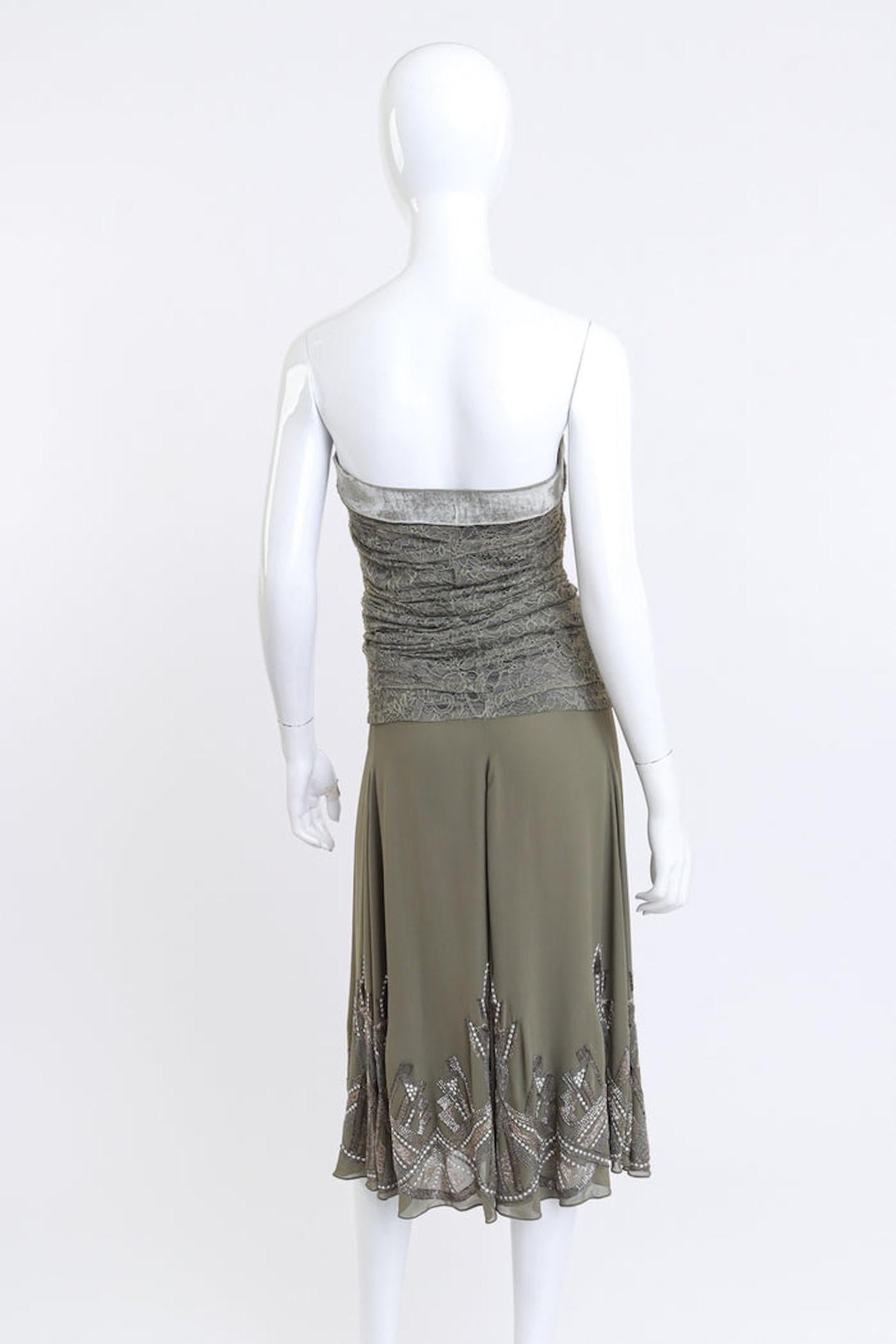 Gray Christian Dior Boutique Art Deco Beaded Olive Green Lace/mesh Dress (US 4) For Sale