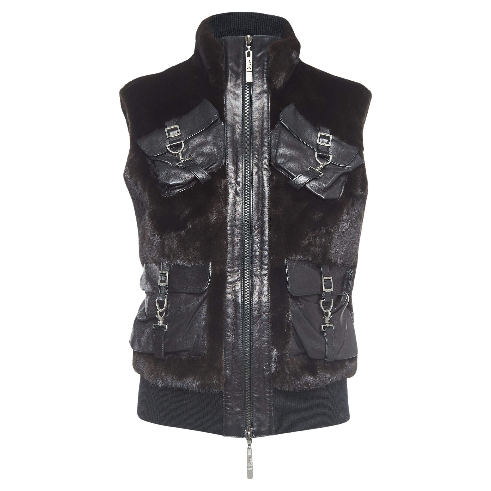 Christian Dior Boutique Black Fur and Leather Sleeveless Zipper Jacket M For Sale