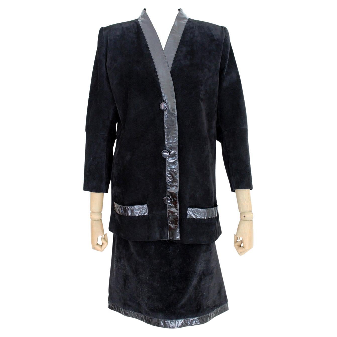 Christian Dior Boutique Black Leather Skirt Suit 1980s