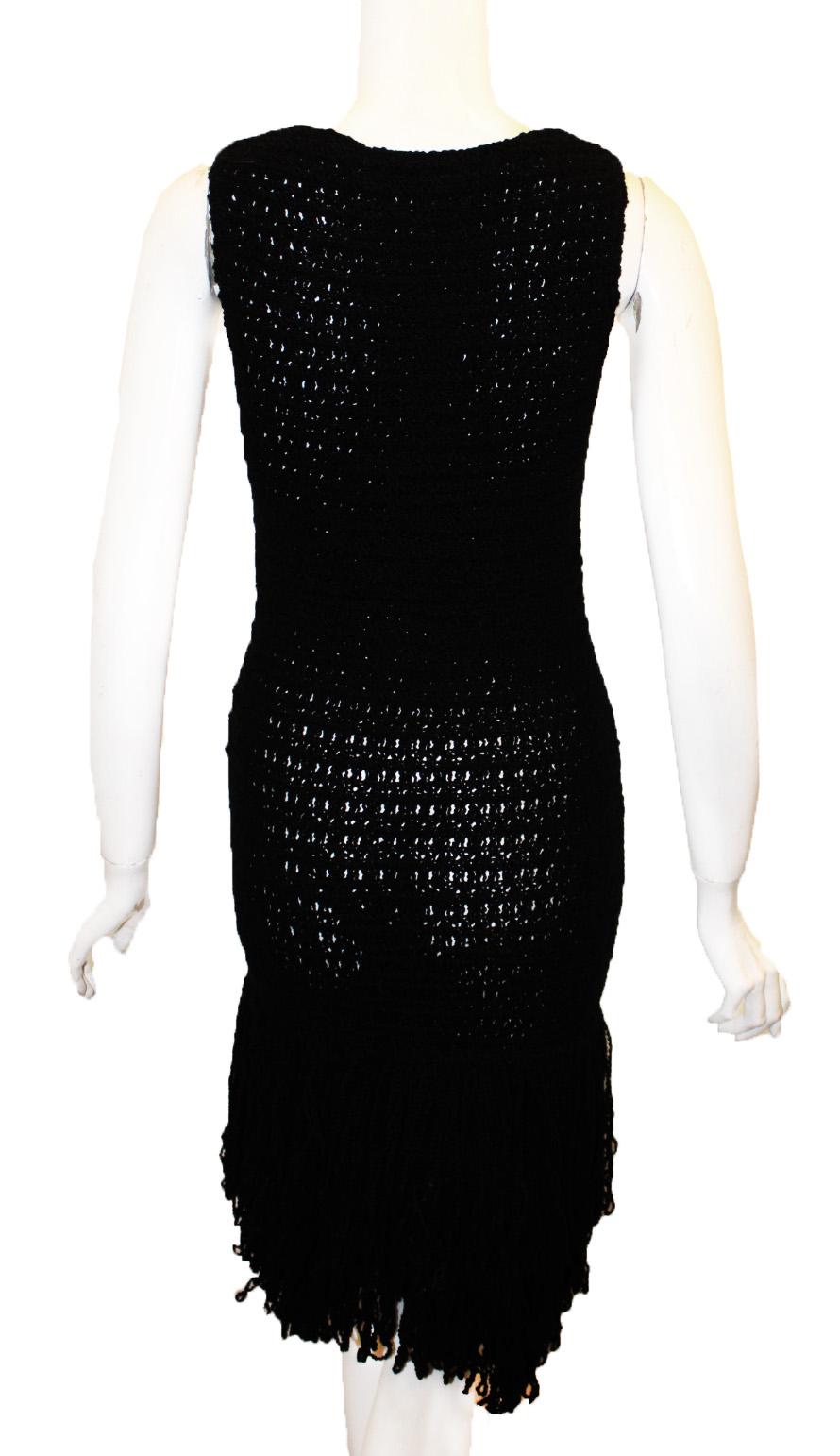 Christian Dior Boutique Black Wool Looped Fringe Wide Hem Runway Crochet Dress  In Excellent Condition For Sale In Palm Beach, FL