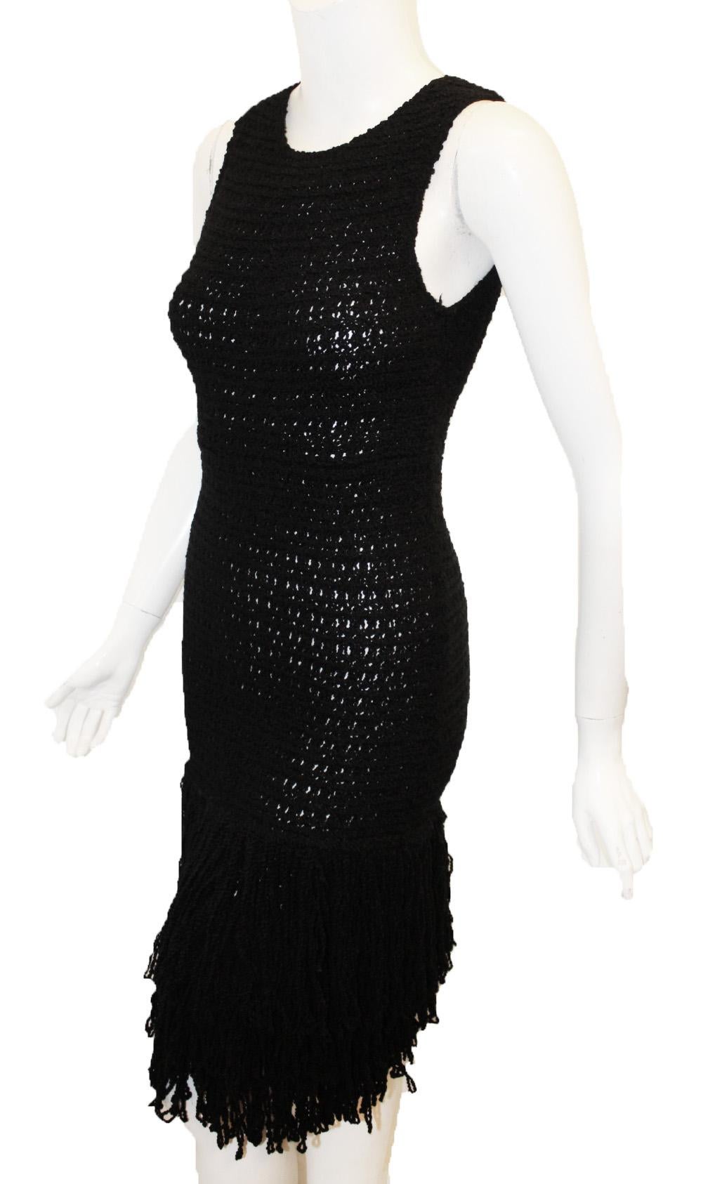 Women's Christian Dior Boutique Black Wool Looped Fringe Wide Hem Runway Crochet Dress  For Sale