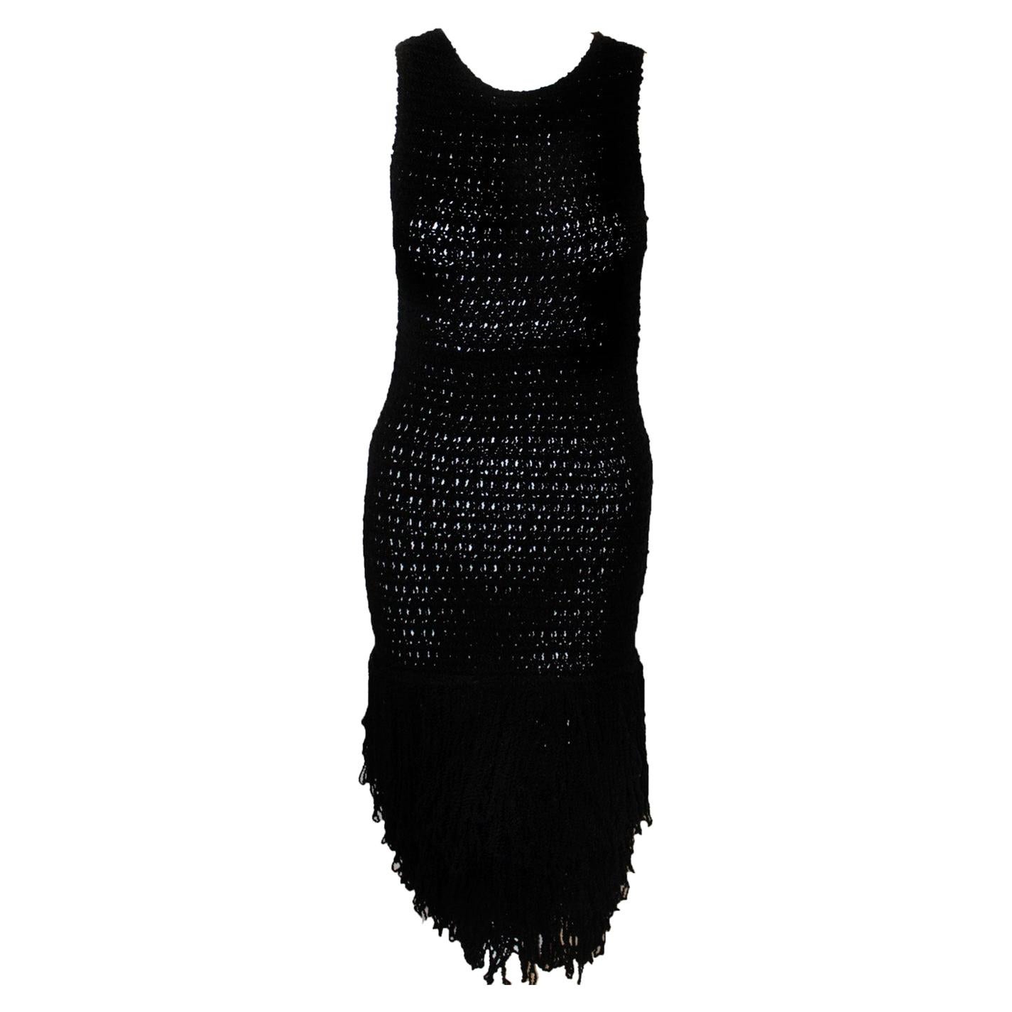 Christian Dior Boutique Black Wool Looped Fringe Wide Hem Runway Crochet Dress  For Sale