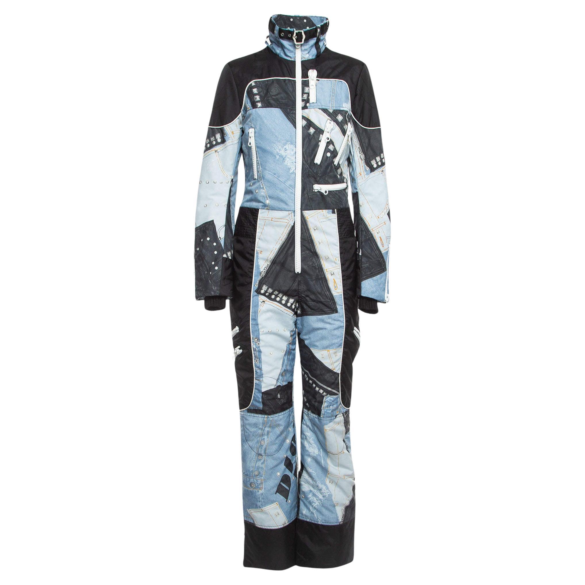 Christian Dior Boutique Combinaison de ski en denim et cuir synthétique imprimé bleu/noir M.
