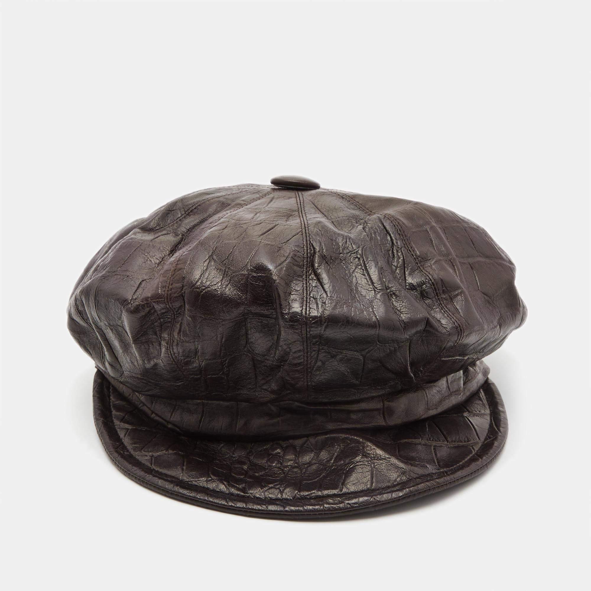 Christian Dior Boutique Brown Croc Embossed Leather Newsboy Hat Size 58 For Sale 3