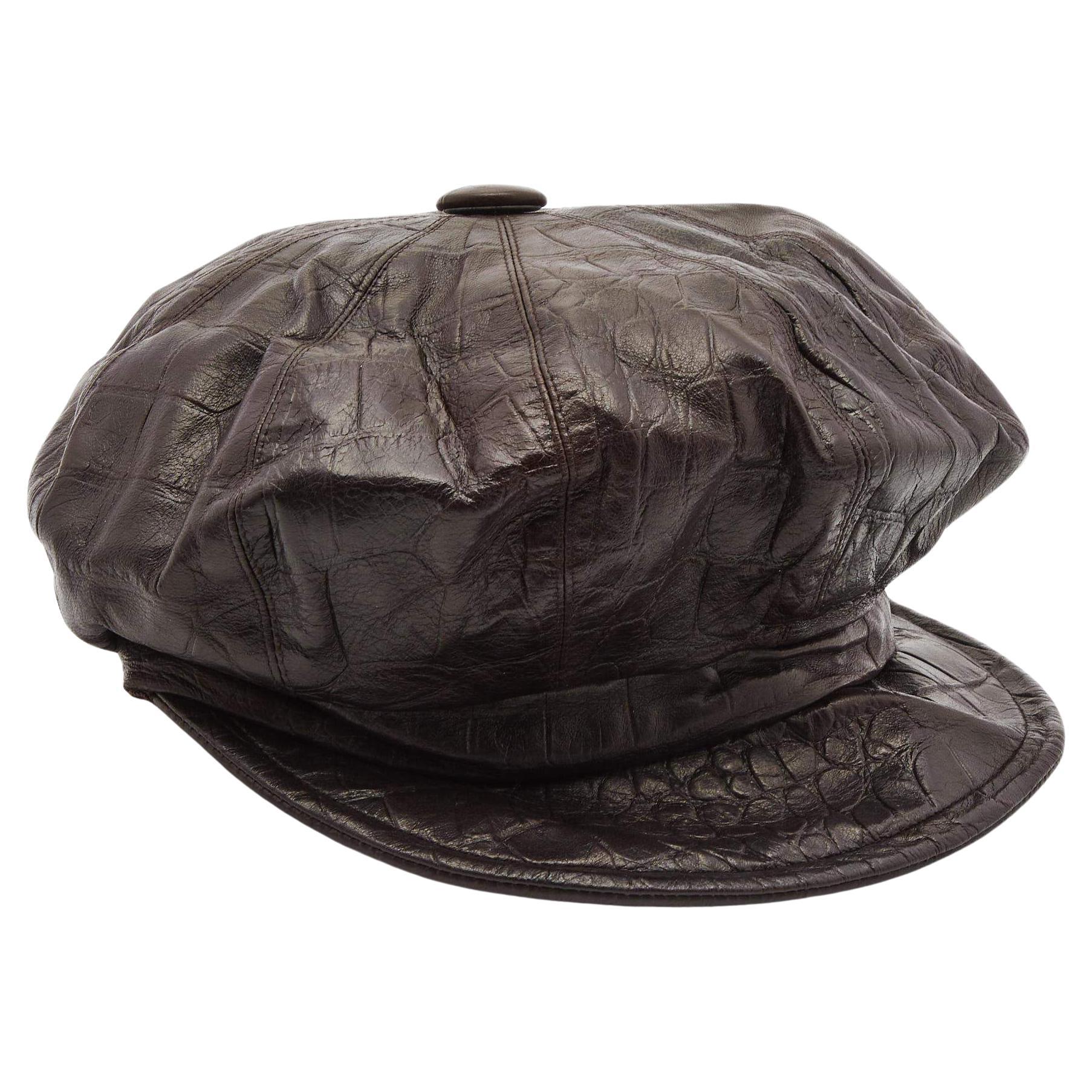 Christian Dior Boutique Brown Croc Embossed Leather Newsboy Hat Size 58 For Sale