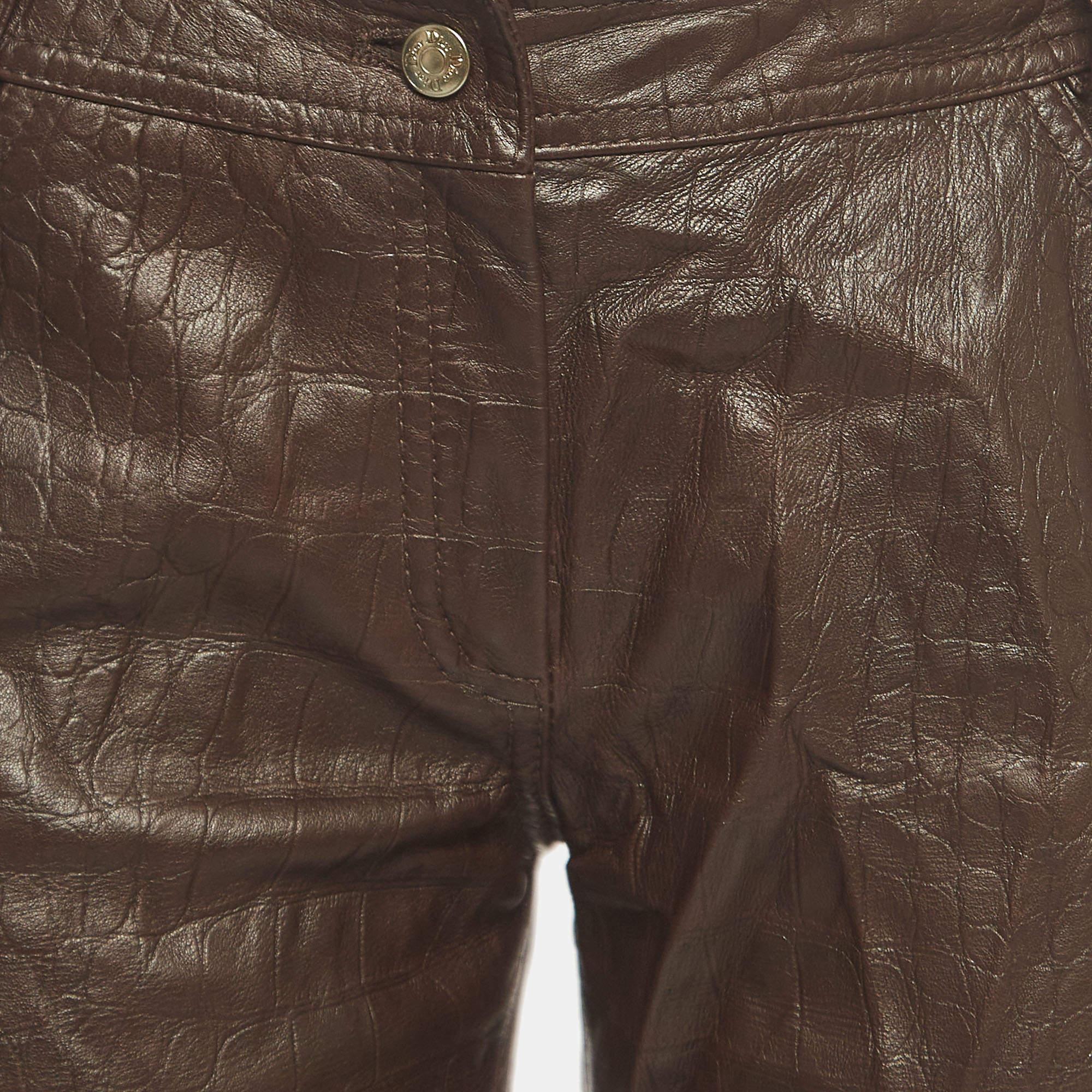 Christian Dior Boutique Brown Textured Leather Straight Leg Pants M In Excellent Condition In Dubai, Al Qouz 2