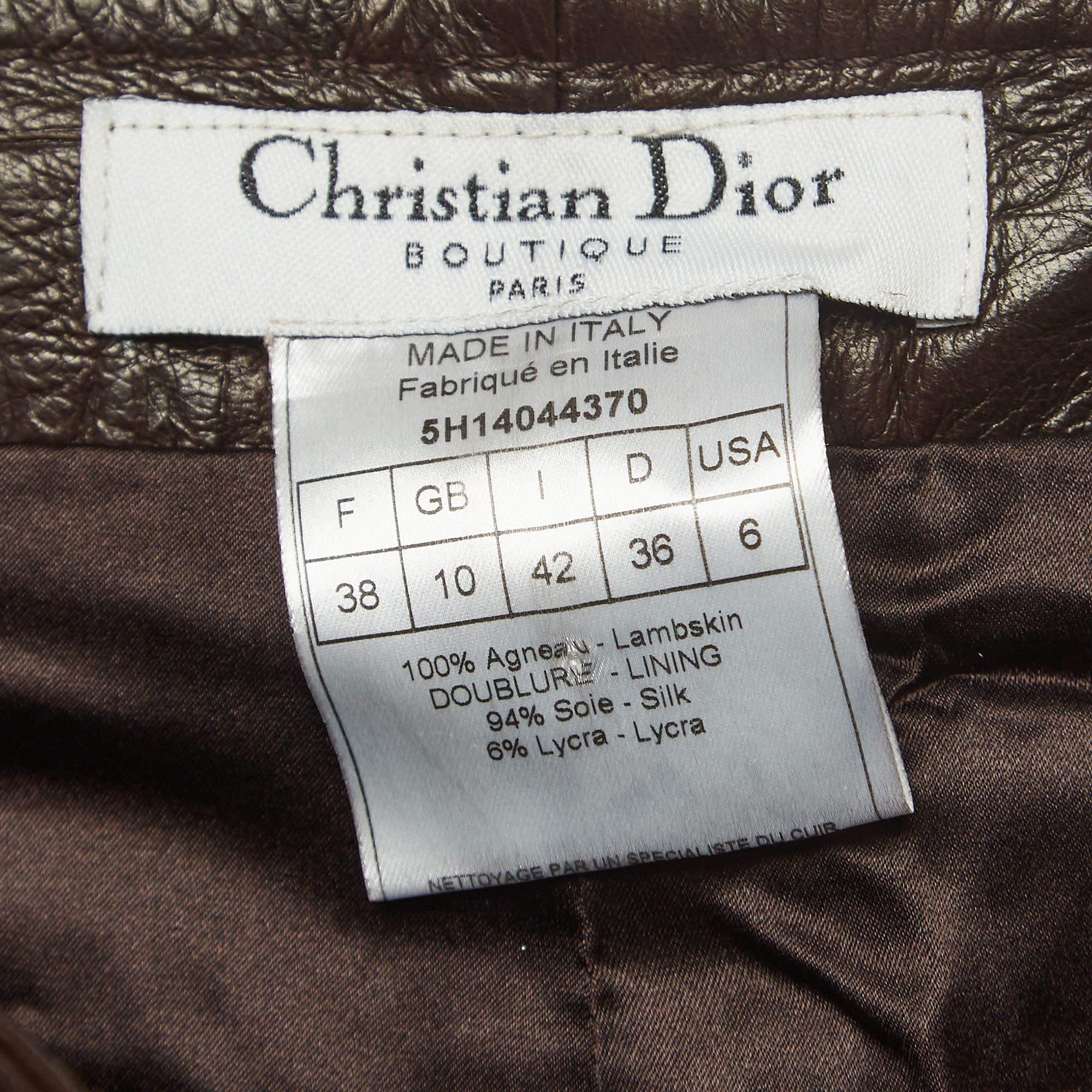 Women's Christian Dior Boutique Brown Textured Leather Straight Leg Pants M