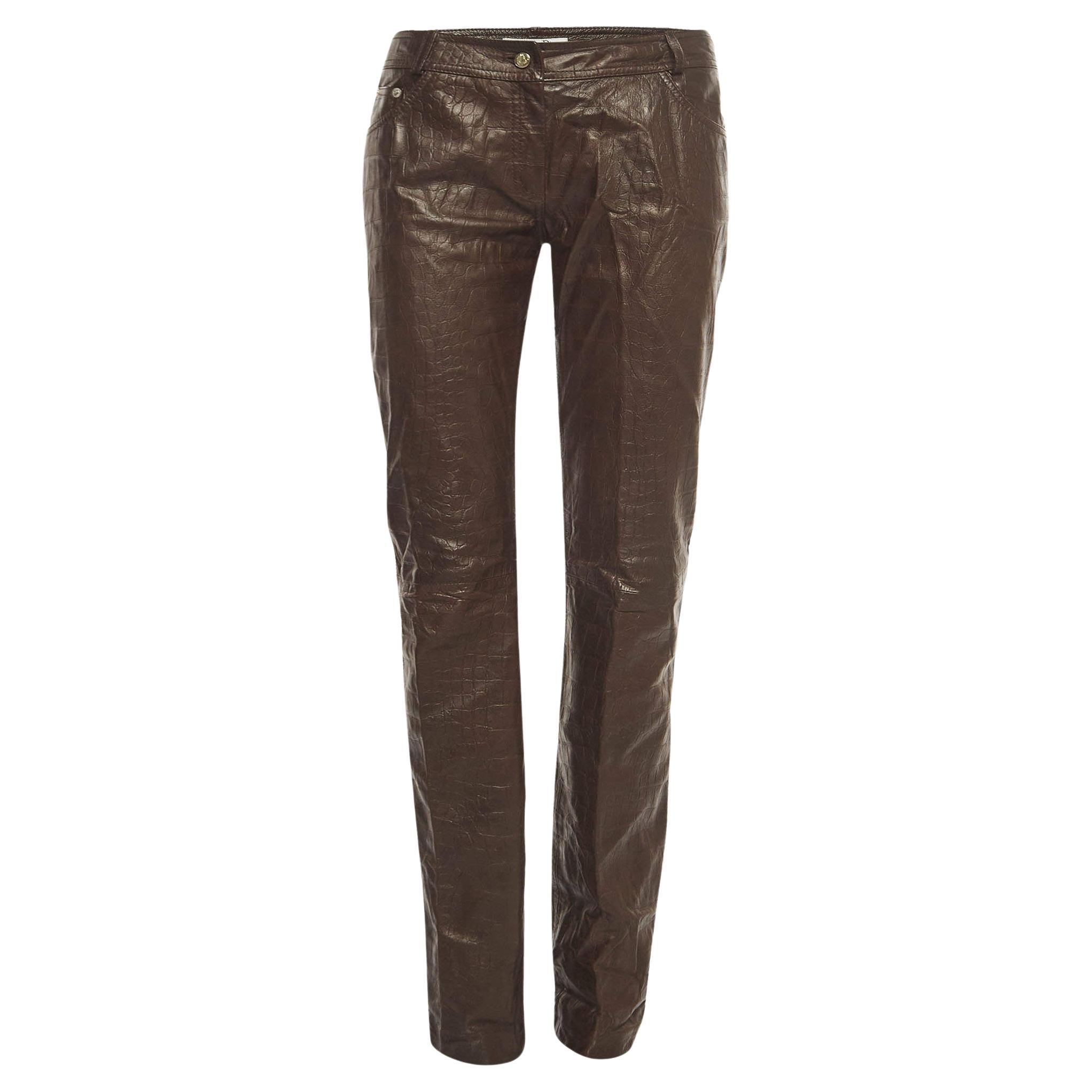 Christian Dior Boutique Brown Textured Leather Straight Leg Pants M