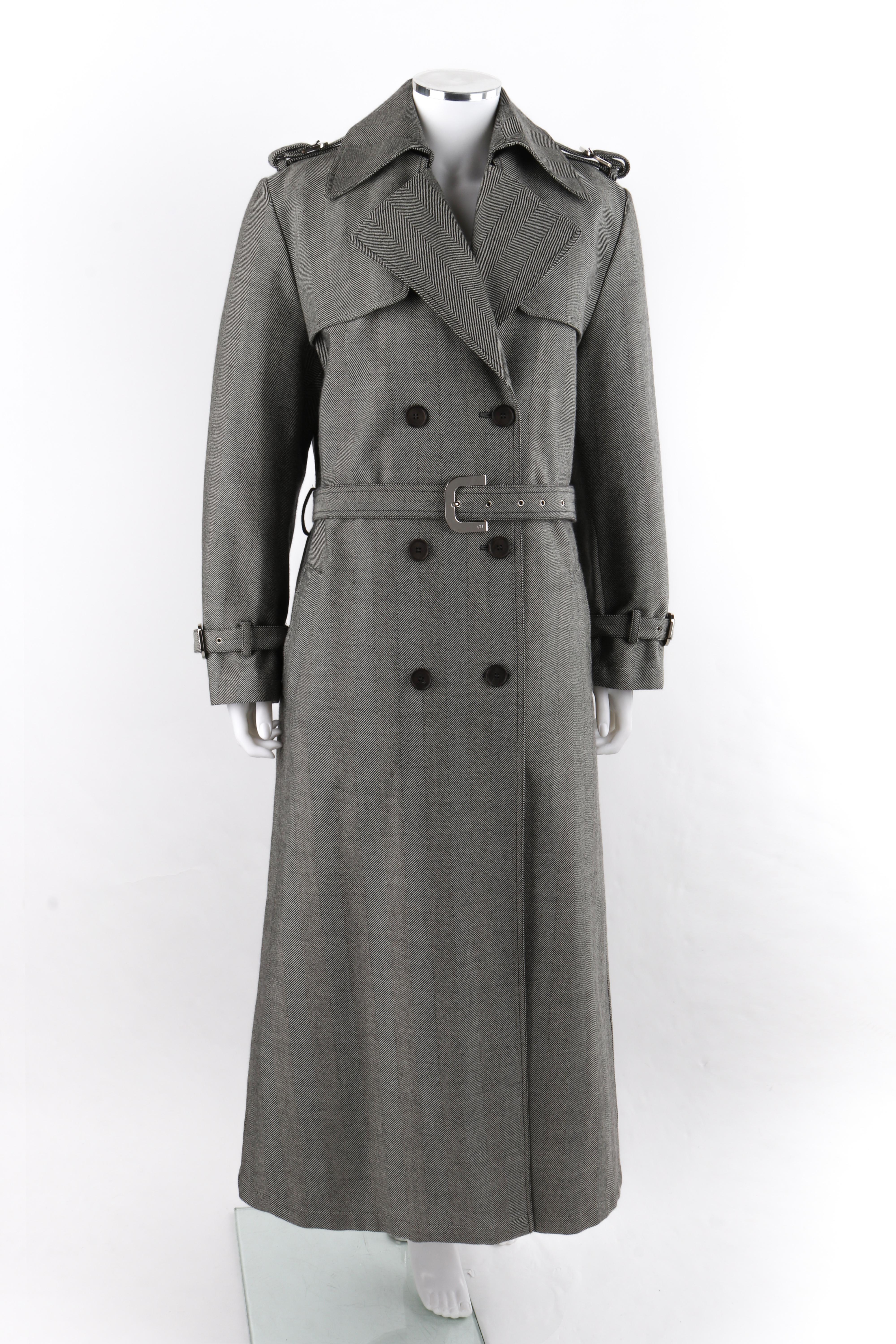 Gray CHRISTIAN DIOR Boutique c.2000’s Herringbone Double Breasted Belted Trench Coat