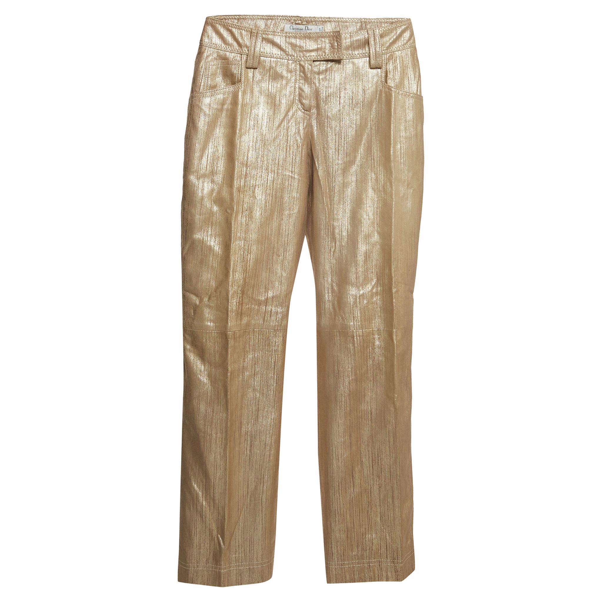 Christian Dior Boutique Gold Printed Leather Straight Pants M For Sale