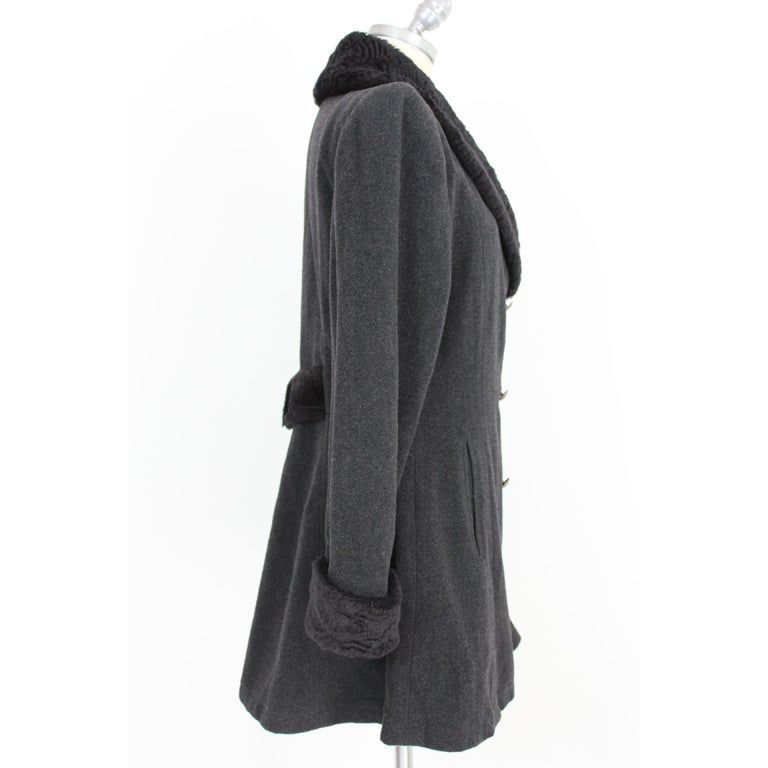Christian Dior Boutique Gray Anthracite Wool Faux Fur Double Breasted ...
