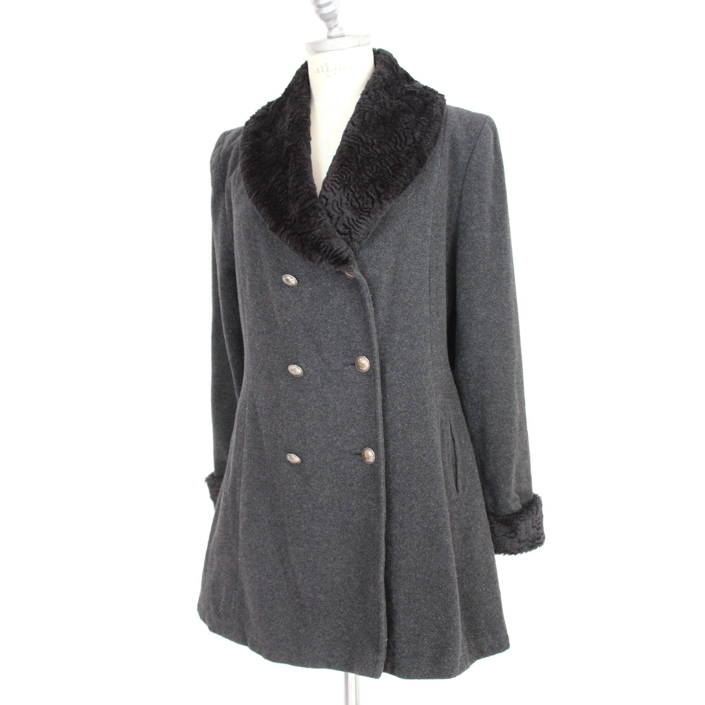 Women's Christian Dior Boutique Gray Anthracite Wool Faux Fur Double Breasted Coat 80s 