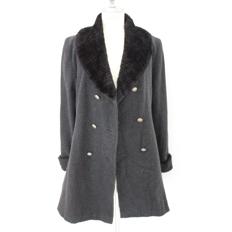 Christian Dior Boutique Gray Anthracite Wool Faux Fur Double Breasted ...
