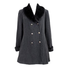Christian Dior Boutique Gray Anthracite Wool Faux Fur Double Breasted Coat 80s