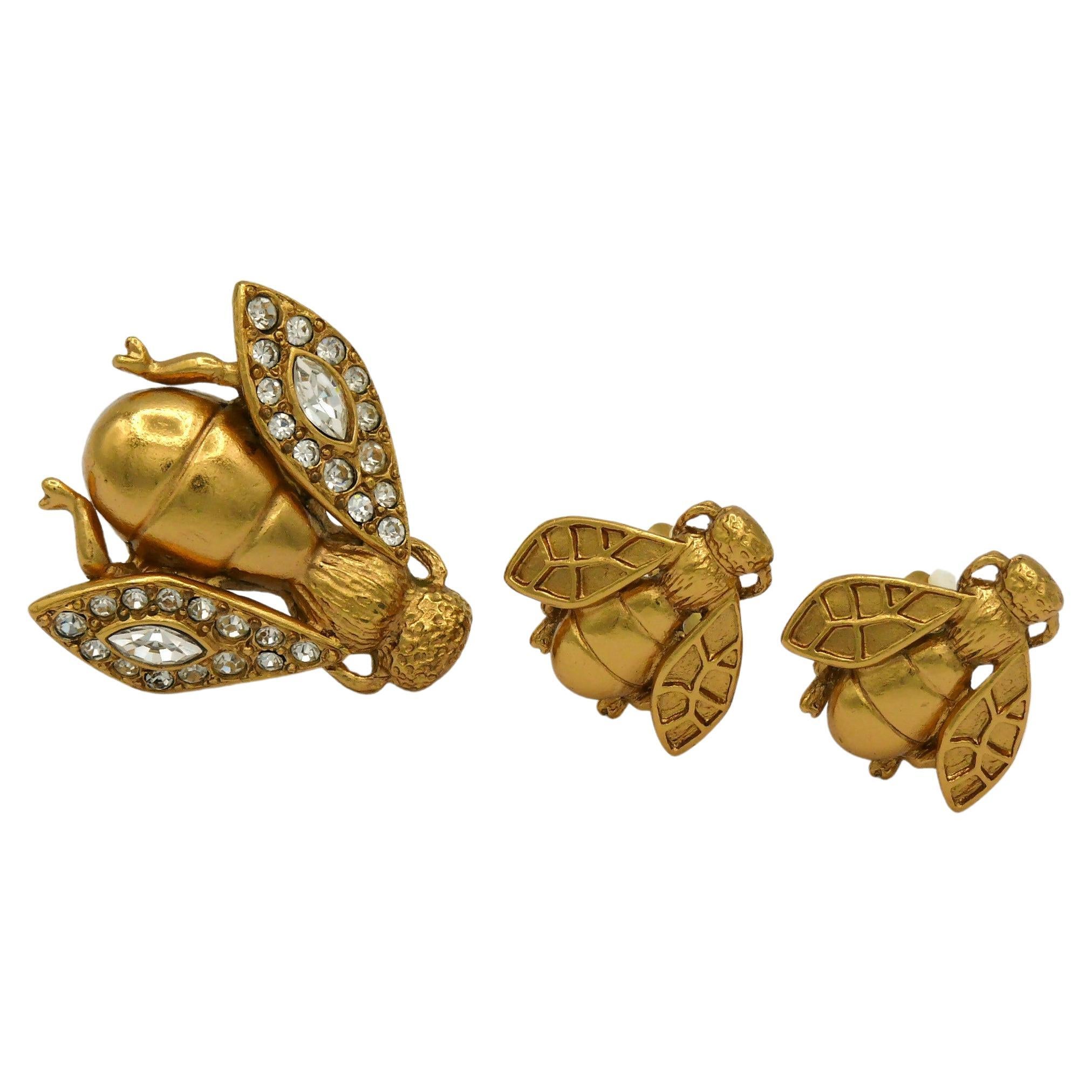 Gold Tone Bee Brooch With Clear Austrian Crystals & Rhinestones - Woman's Insect Pin